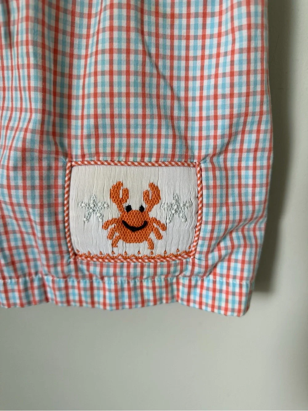 Three Sisters 18M Swim Shorts Blue Orange White Check Crab Drawstring